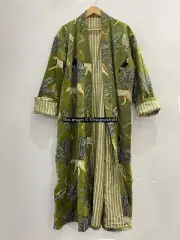 Green Animal Printed Velvet Banyan Fabric Kimono Cotton Velvet Robe Long Jacket