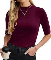 [PrinStory] Turtleneck Shirt Women's Elegant Half Sleeve Shirt Cotton Stand-Up Collar T-Shirt Women's Basic Short Sleeve Tops Stretchy Tops