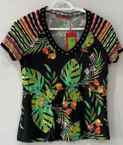 Oliver Philip SS V neck multicolor top/ tee floral leaf print Size 36 EU NWT