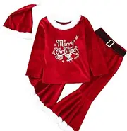 [Generic] Merry Christmas Outfit,Velvet Pullover + Bell Bottom + Santa Hat - Skin-Friendly Soft Velvet Winter Christmas Outfits for Holiday Birthday Party Dress Up