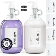 Glass Dispenser Bottle with Labels (2-Pack) - Half Gallon 64 oz. Jars with Leakproof Pump Perfect for Laundry, Fabric Softener, Kitchen Soap, Bleach, Shampoo, Syrup