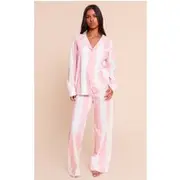 Petite Pink Chunky Stripe Jersey Piping Detail Long Pj Set, Pink