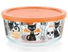 1 PYREX 7-Cup *FIENDISH FRIENDS Halloween Storage Bowl CATS BATS PUMPKINS SKULLS