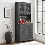 YITAHOME Farmhouse Bar Cabinet, 67" Tall Wine Bar Cabinet with for Wine Glass Rack, Home Bar Cabinet with Open Storage Shelves ＆ Glass Doors for Living Room, Hallway, Charcoal Grey