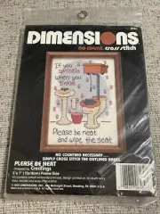 1990 DIMENSIONS “Please Be Neat Wipe the Seat” Cross Stitch Kit #6584 Bathroom