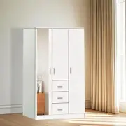 Wardrobe Cabinet Dresser Clothes Storage Organiser Bedroom Cupboard Armoire Closet 3 Doors 3 Drawers Shelves Full Length Mirror 115x48.5x181cm White