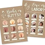 Hadley Designs Hilarious Baby Shower Games Set – 25 Double-Sided Cards for 25 Guests, Love or Labor and Boobs or Butts, Baby Shower Games Funny, Gender Neutral and Fun for Boys & Girls (Rustic)