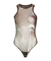 sheer mesh printed bodysuit L Nude