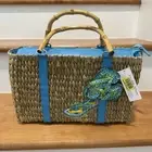 Straw Woven “FLIP FLOP” Theme Turquoise Bamboo Wooden Handles Coastal Boho NWT