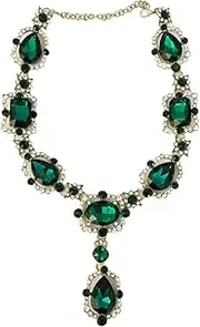 [Secret for Longevity] Extra Large Victorian Art Deco Antique Retro Vintage Style Gold Tone Dark Green Hunter Emerald Rhinestone Chunky Statement Wedding Bridal Prom Drag Queen Pageant Necklace, crystal