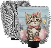 XYMZR Absorbent Microfiber Car Wash Mitt Cat Cute Easter Egg, Funny Cute Anime Scratch Free for Cars Cleaning, Home Cleaning Mitts, 2 Pack, 10.24” L x 7.09” W