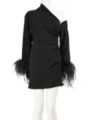 Black Adelaide Crepe Feather Trimmed Mini Dress