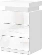 Artiss Bedside Table RGB LED White High Gloss with 3 Drawers and Lift Up Storage Nightstand, Bedroom Furniture, Bed End Side Cabinet Narrow Space Organiser Unit Living Room Home