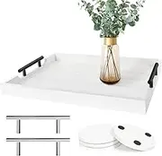 SXNOWS Coffee Table Tray - Large Ottoman Tray for Living Room - Wood Serving Tray with Handles(2 Sets) - Wooden Tray for Coffee Table, 4 Round Coasters Included, White