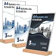 3 Pack Acrylic A4 Sign Holder, Wooden Base Table Number Holder, Doubel-sided Menu Display Stand, Clear Signage Holder for Wedding, Vendor Booth, Farmer Market Small Business Retail Display