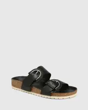 Anaco Black Leather Double Strap Cork Slide
