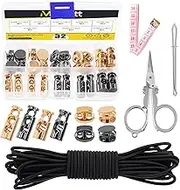 Mardatt 45Pcs Metal Cord Locks End Assortment Set Including 4 Styles Single/Double Hole Spring Cord Toggles Stoppers, Bungee Cord, Threader, Tape Measure and Scissors for Shoelaces (Gold, Gun-Black)