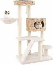 Costway Cat Tree for Indoor Cats, Modern Cat Tower w/Cattail Fluff Condo & Top Perch, Sisal Scratching Posts, Hanging Basket, Ladder, Dangling Toy, Plush Bed, Removable Cushions