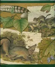 WILD RABBITS, BADGERS, CHIPMUNKS, LEAVES, LODGE LOOK WALLPAPER BORDER
