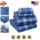 Luxurious 100% Cotton Flannel Sheets - Dark Blue Plaid, Cal King Deep Pocket Set