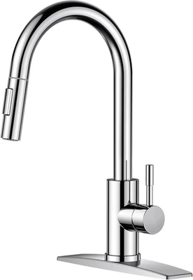Chrome Kitchen Faucet Pull-Down High Arc w/ Deck Plate Modern Sink