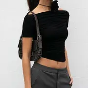 Short-Sleeve Off-Shoulder Plain Ruched Crop Top Black - M