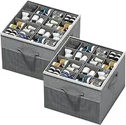 Omiention 2-Pack Foldable Shoe Organizer Boxes with Adjustable Dividers & Clear Dustproof Cover, Stackable Closet Storage for 16-32 Pairs, Grey Oxford Fabric (43x43x32cm)