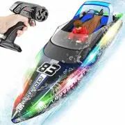 Remote Control Boat with LED Lights, 40 Mins Play Time, Waterproof Remote Control Boat for Pools Lakes, Summer Water Toys for Kids (Blue)