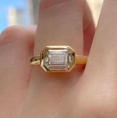 East~West Bezel Emerald White Moissanite Classic Engagement Ring 10k Yellow Gold