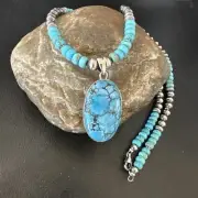 Mens Blue Spiderweb Turquoise Pendant Navajo Sterling Silver Necklace 16651