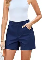 [FUNRKLI] Women's Casual Shorts Fashion High Waist Twill Shorts Comfortable Ribbed Straight Pockets Elastic Waist Commuter