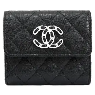 【CHANEL 香奈兒】限定款經典雙C LOGO菱格紋牛皮三折扣式零錢短夾(黑)