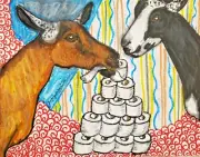 Nigerian Dwarf Hoarding TP Original Painting 11 x 14 Pop Art Goat Collectible
