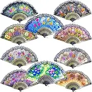 10pcs Spanish Floral Folding Hand Fan Sequin Fabric Folding Handheld Hand Fan Random Color