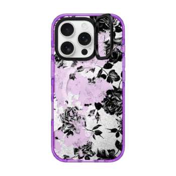 iPhone 16 Pro Impact Ring Stand Case MagSafe Compatible Black and White Roses Flowers Pattern in Crackling Paint on Transparent Background