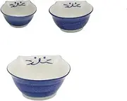 Cute Cat Ceramic Bowl Set, Hand-Painted Children's Tableware, Rice Bowl, Soup Bowl, 3pcs Blue