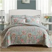 3-Piece Full/Queen Size Soft Cotton Reversible Blue Floral Pattern Coverlet Bedspread Set (90x98 Inch) with 2 Pillow Sham (20x28 Inch)