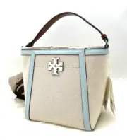 AUTH NWT Tory Burch Small McGraw Canvas Leather Bucket Bag -Natural/ Sea Bubble