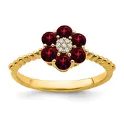 Solid 14k Yellow Gold Simulated Garnet and CZ Floral Ring