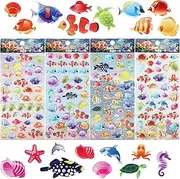 TIESOME 3D Foam Stickers for Kids, Under The Sea Ocean Animal Stickers for Sea Creatures with Assorted Small Sea Life, Tropical Fish, Sea Turtles Shape Stickers,4 Sheets (Marine Life)