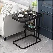 C Shaped Side Table, Narrow Sofa End Table Small Sofa Coffee Table with Faux Marble Top Accent Side Table Nightstand Bedside Table with 2-Tier Shelves(Black 2)