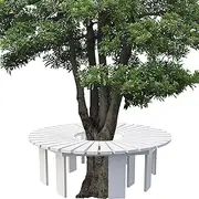 Garden Tree Bench Wrap Around Outdoor Seating, White Slatted Patio Bench Chair Weatherproof Solid Wood Furniture Stools for Park, Yard & Porch, Easy to Move(Round)