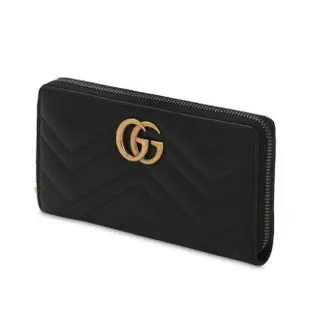 【GUCCI 古馳】GG Marmont 山形線 雙G 復古金扣 皮革 拉鍊 皮夾 長夾 卡夾 黑色 443123