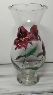 Gibson Art Glass LIANNA Hand Painted Purple Iris Flower Ruffled Edge Vase Large
