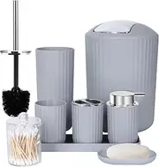 FEILANDUO Bathroom Accessories Sets Complete, 8 Pcs Bathroom Accessory Set with Trash Can, Soap Dispenser, Soap Dish, Toothbrush Holder, Toothbrush Cup, Toilet Brush and Qtip Holders,Vanity Tray,Gray