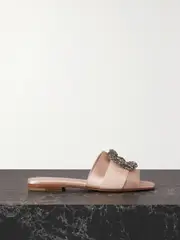 [Manolo Blahnik] Manolo Blahnik - Martamod Embellished Grosgrain-trimmed Satin Slides - Beige - IT39 IT 39 Neutrals