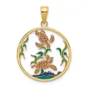 14k Yellow Gold Enamel Sea Turtles In Circle Charm