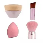 Beautrend - Set: Slanted Foundation Brush + Kabuki Brush + Makeup Beauty Sponge Blender + Concealer Brush 03 - Set Of 4 - Pink - One Size