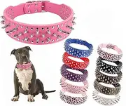 Hoot PU Leather Adjustable Spiked Studded Dog Collar 2" Wide 37 Spikes (M(Neck 19"-22"), Rose Red)