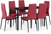 Seven Piece Dining Set, Wine Red, Modern Design, Tempered Glass Table with Faux Leather Upholstered Chairs, Complete Dining Suite, Durable Iron Frame